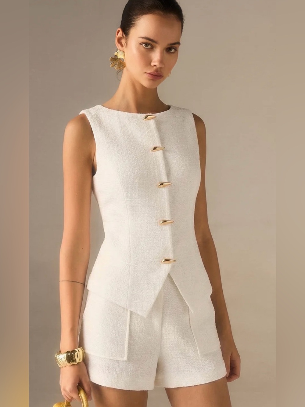 Commense White Sleeveless Textured Top with Gold Accents